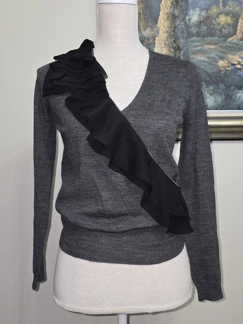Ann Taylor Loft | Plunging Neck Wool Sweater Women Large LP Ruffle Long Sleeves
